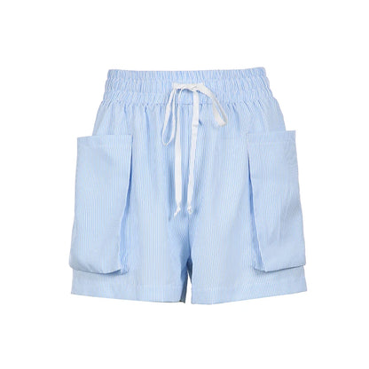 Loose Striped Print Shorts with Pockets & Lace-up Detail