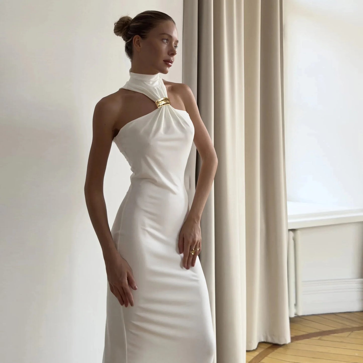 Metal Buckle Long Dress Sleeveless Halter Neck Dress Ins