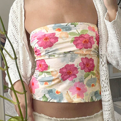 Floral Print Tube Top Backless Bustiers Slim Crop Camisole
