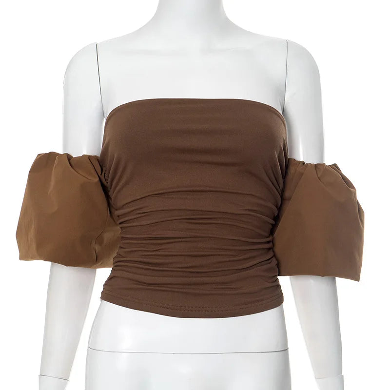 Pleated Tube Top Splice Off Shoulder Short Slim Top