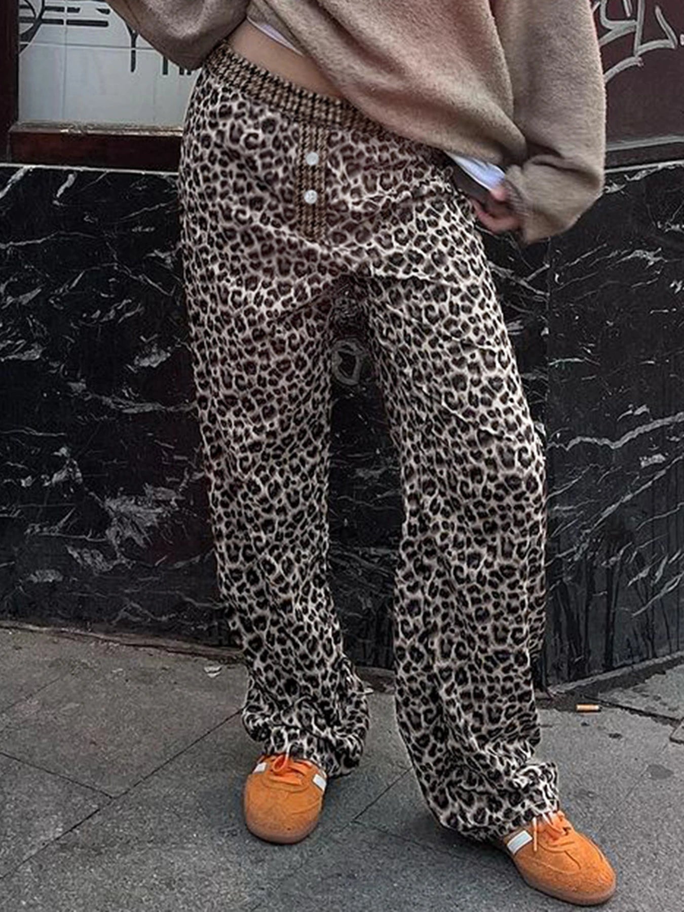 Leopard Patchwork Straight Pant Elatic Wait Trouer Baggy Bottom