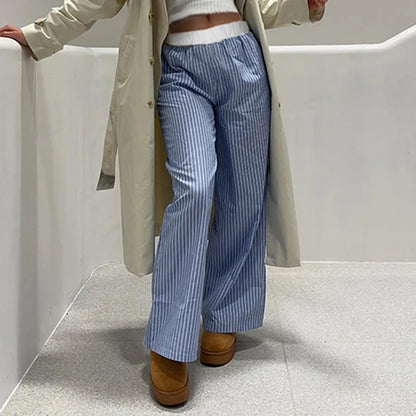 Patchwork Striped Loose Trousers Blue