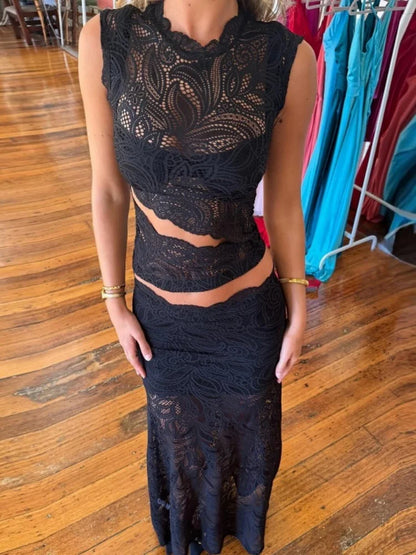 Black Lace See Through Top and Maxi Skirt Two Piece Set
