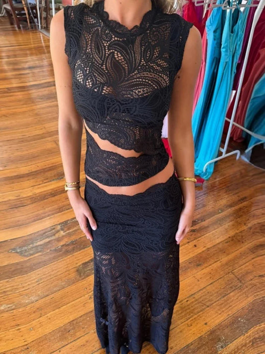 Black Lace See Through Top and Maxi Skirt Two Piece Set