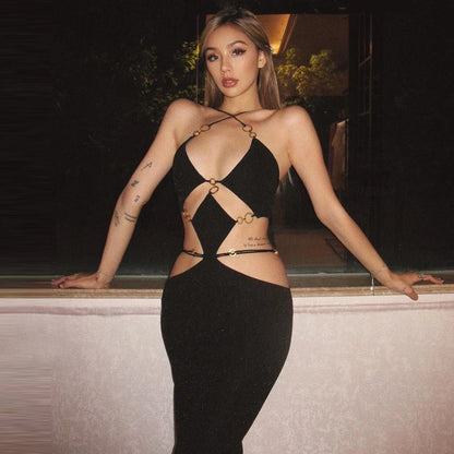 Black Halter Slim Backless Slit Midi Dress