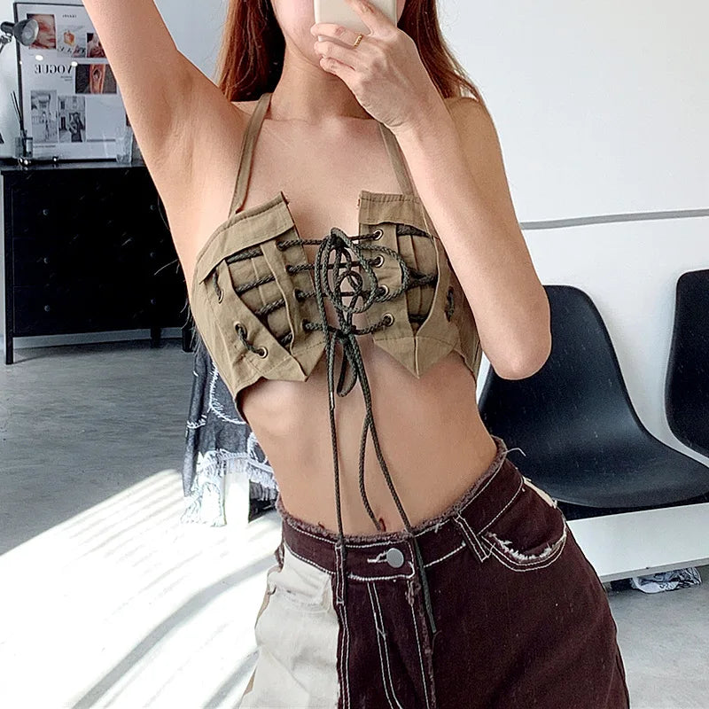 Khaki Strapless Hollow Out Crop Top