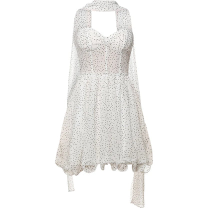 Dots Print Mini Bodycon Dress with Long Scarf WHITE