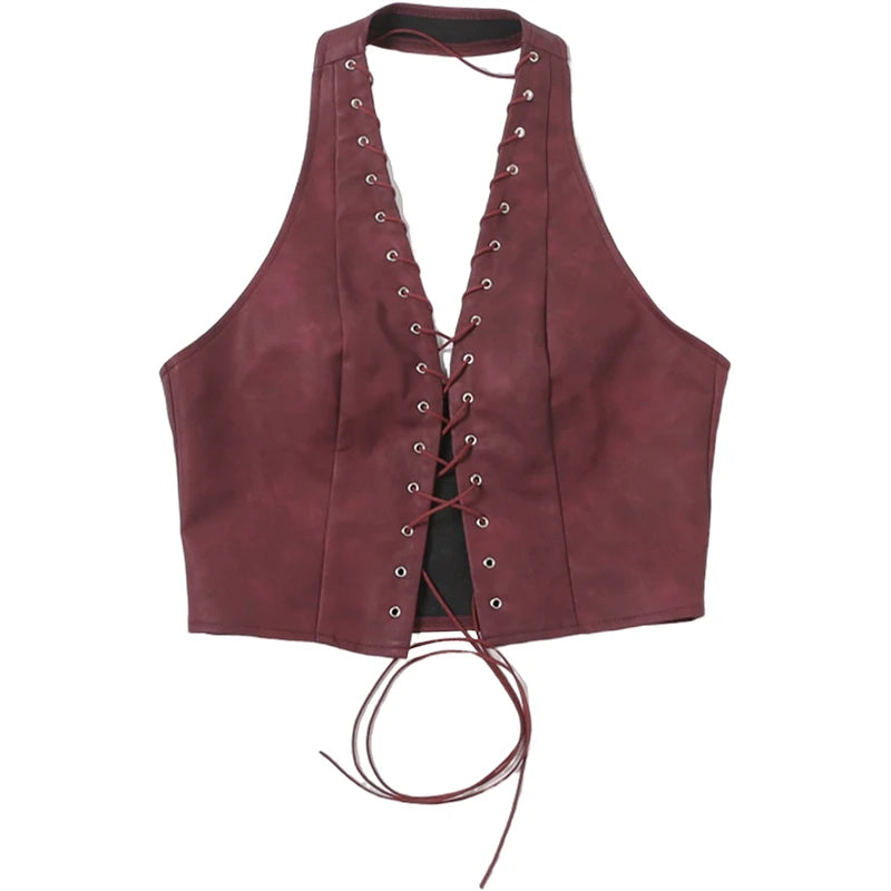 Red PU Sleeveless Halter Backless Top