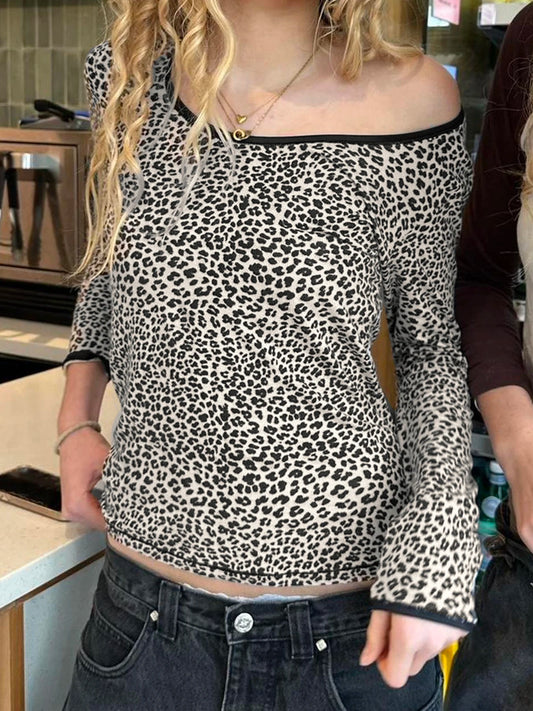 Leopard Tee Shirt Long Sleeve Crewneck