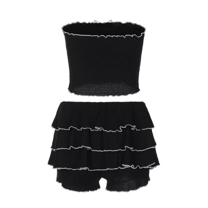 2 Pcs Black Bow Strapless Crop Top & Pleated Skirt Set