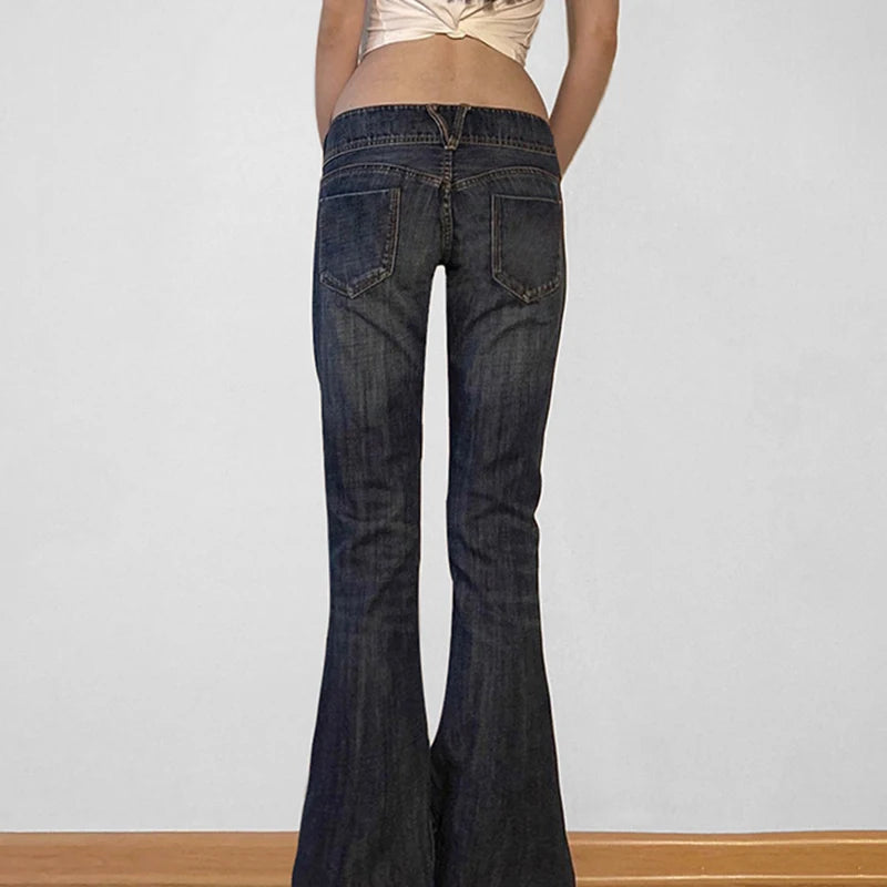 Low Waisted Washed Flared Jeans Button Pants Slim Pockets Bottoms