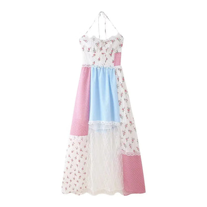 Multicolor Backless Patchwork Floral Halter Maxi Dress