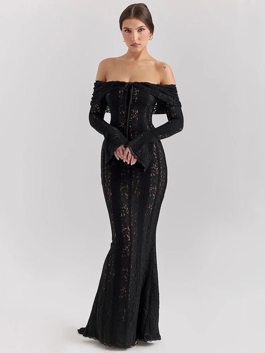 Lace Off-shoulder Maxi Dress Strapless Backless Long Sleeve Bodycon Evening Long Dress