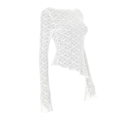 Lace Long Sleeve Knitted Perspective Tee for Women