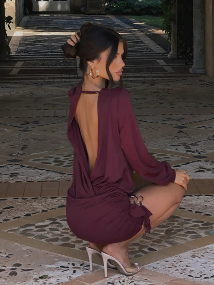 Ruched Backless Dress Deep V-Neck Full Sleeve Rings Patchwork Irregular Hem Mini Bodycon