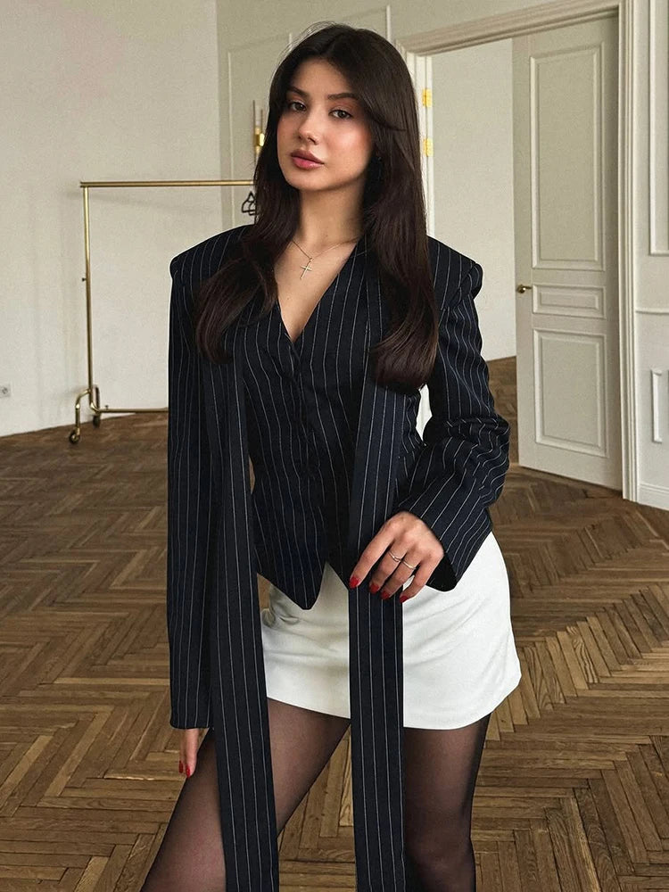 Striped Print V-nec Ribbon Shirt Cardigan Long Sleeve Button Office Top Blouer Out