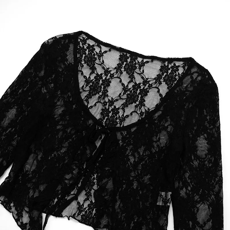 Black See Through Lace Mesh Long Sleeve Top