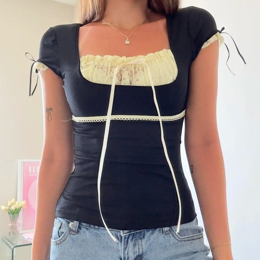 Square Collar Lace Kawaii Top Fairycore Patchwork Grunge Slim Tee Shirts