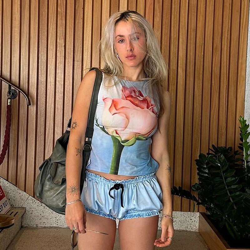 Spring And 'S Round Neck Flowers Printed Net Tie Slim Thin Tank Top Tank