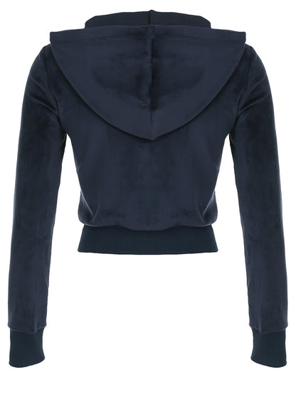 Velvet Zip-Up Hooded Jacket with Front Pockets