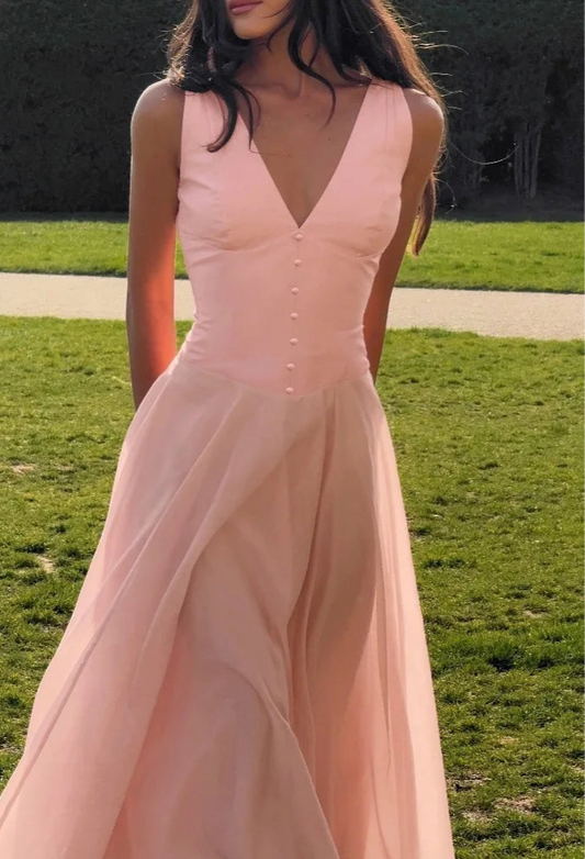 Pink V-Neck Sleeveless Chiffon Patchwork Midi Dress