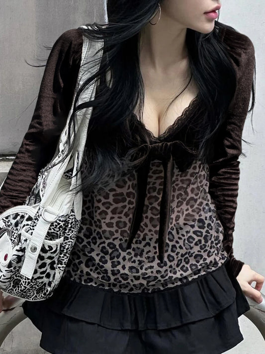 Lace Patchwork Leopard print T-shirts Lace-up Long Sleeves Strap Retro Top