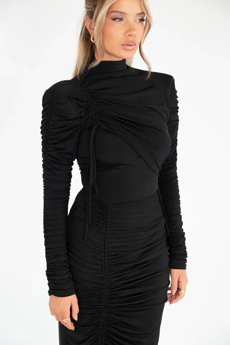 Long Sleeve Ruched Maxi Dress Drawstring Turtleneck Bodycon Long Dress