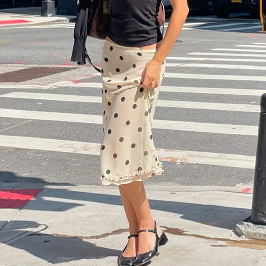 Beige Polka Dot Low Waist Midi Skirt