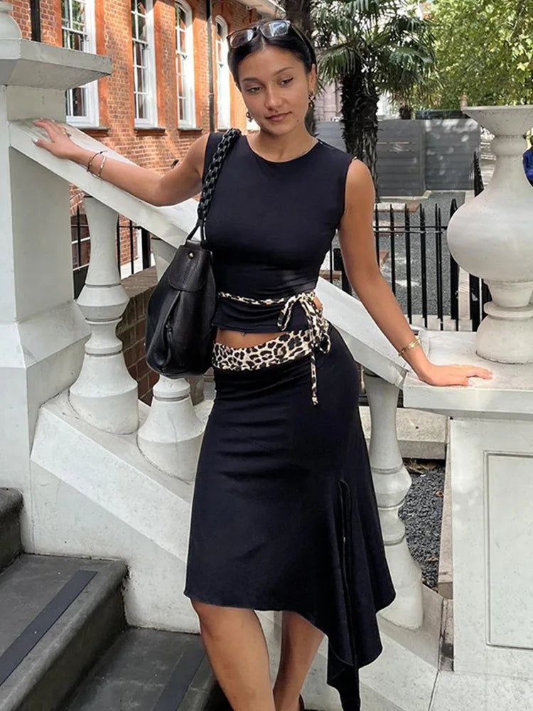 Double Wear Skirt Suit Leopard Lace Up Sleeveless Vest Irregular Splice Skirt Two Pieces Set