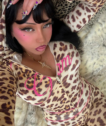 Leopard Print Crop Jacket & Flared Pants Set