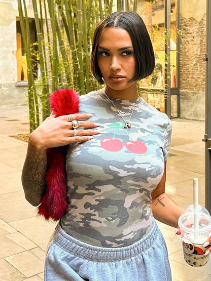 Army Green Short Sleeve Cherry Print T-Shirt