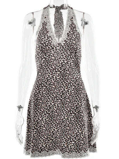 Patchwork Backless Leopard Lace Halter Dress