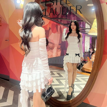 White Ruched Bow Off Shoulder Mini Dress