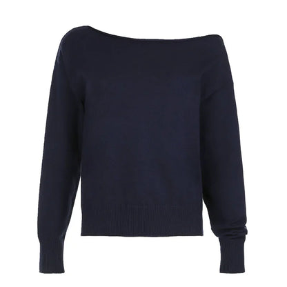 Skew Collar Knit Pullover - Loose All-Match Sweater Navy Blue