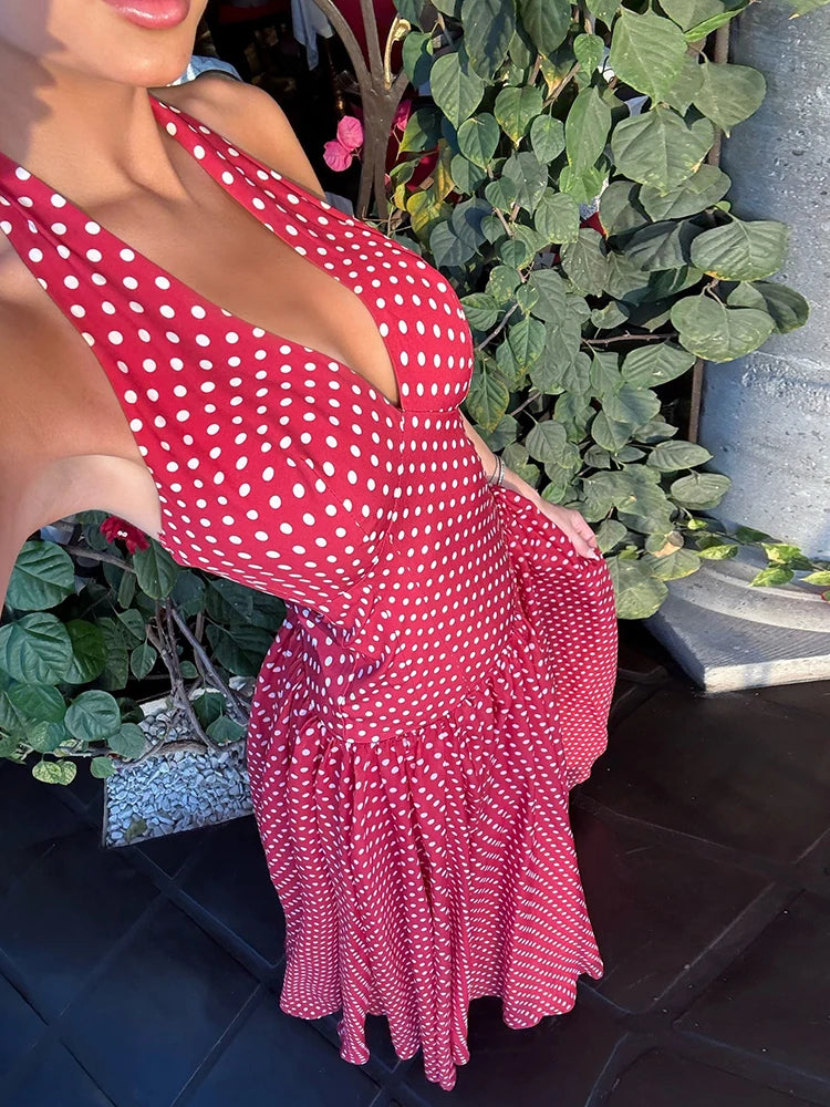 Red Polka Dot Halter Backless A-Line Maxi Dress