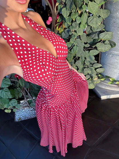 Red Polka Dot Halter Backless A-Line Maxi Dress