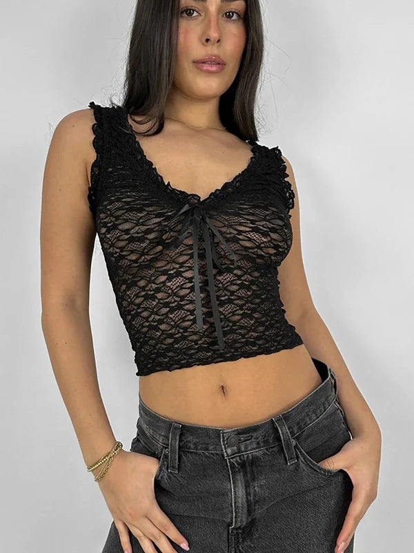 See Through Lace V-Neck Top
