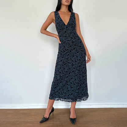 Floral Printed Deep V Long Dress - Sleeveless Slim Fit