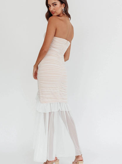 Mesh Patchwork Ruffle Edge Double Layered Bodycon Dress WHITE