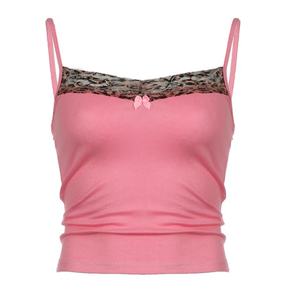 Leopard Patchwork Pink Bow Camisole Crop Top