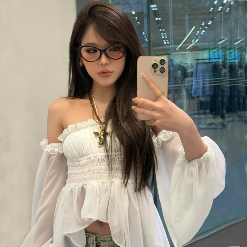 White Off Shoulder Long Sleeve Crop Top