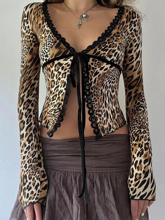 Leopard Lace Trim Split Top