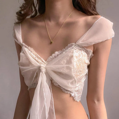 White Mesh Lace Crop Top
