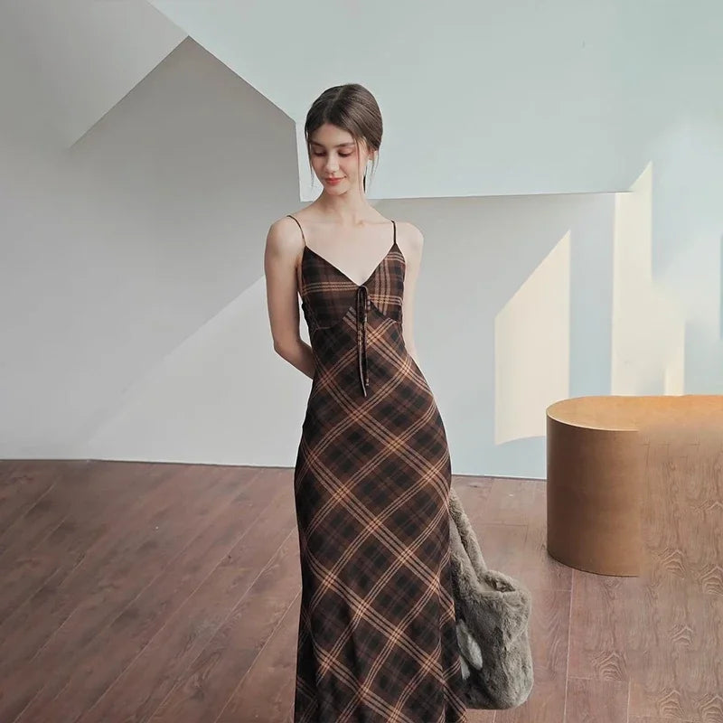 Brown Striped Plaid Slim Maxi Dress