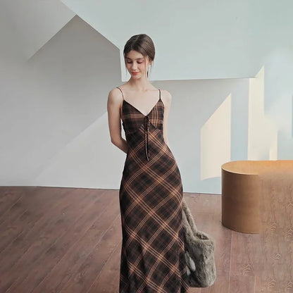 Brown Striped Plaid Slim Maxi Dress