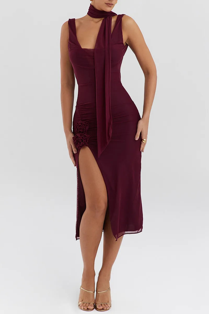 Wine Split Backless Midi Dress