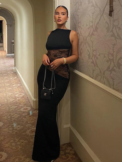 Black Backless Mesh Bodycon Midi Dress