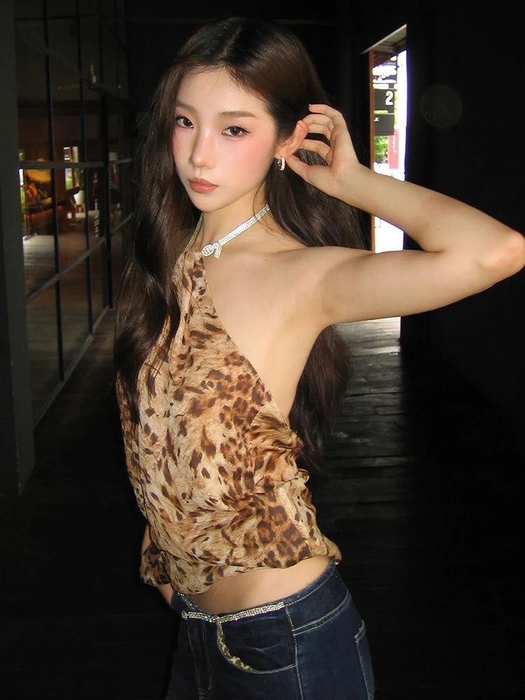 Leopard Backless Halter Tank Top