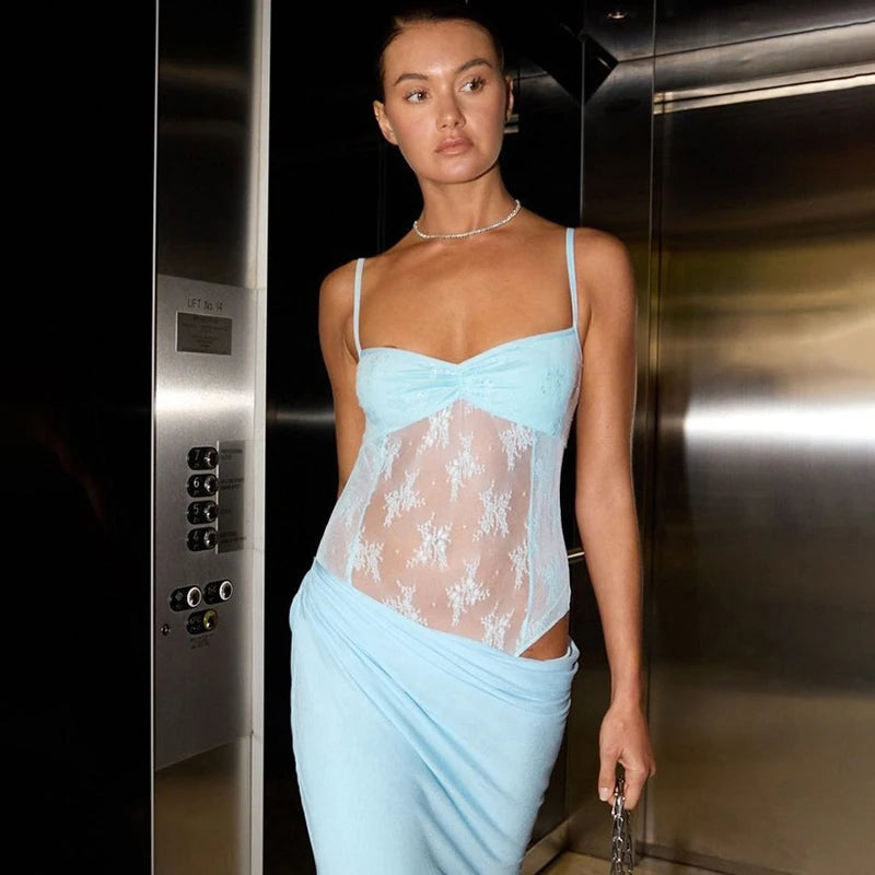 'S Spring And Color Camisole Lace Tight Patchwork Dress Hollow Out See-Through Fishtail Dress