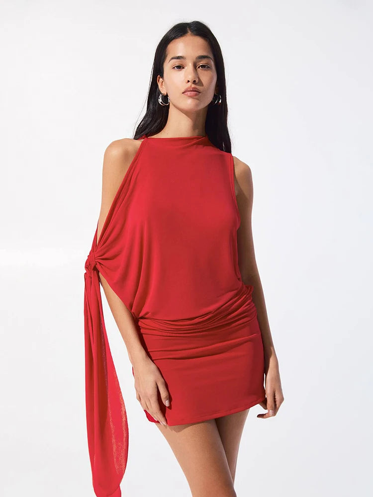 Hollow Knot Dress Solid Pleat Tassel Patchwork Mini Bodycon